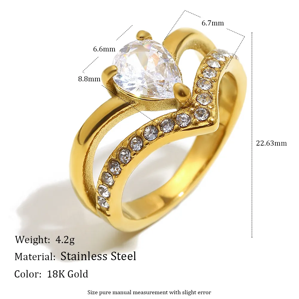 Anello Corona Doppio Strato Forma V Acciaio Inossidabile Placcato Oro 18K Zirconia Pera Pavé Gioielli Di Lusso