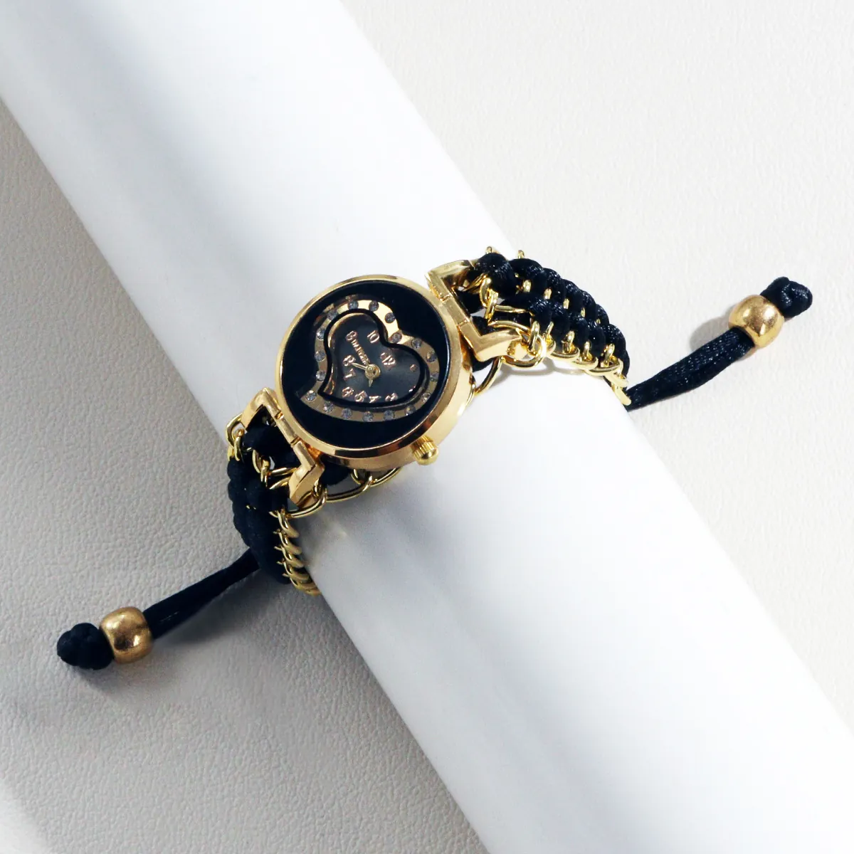 Women Quartz Watch Heart Shaped Rhinestone Dial Gold Alloy Case Adjustable Woven Braided Cord Chain Bracelet Strap Fashion