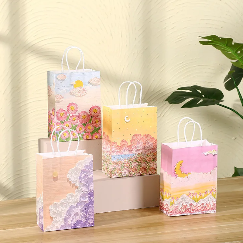 Oil Painting Style Kraft Paper Gift Bag With Rope Handles Artistic Landscape Floral Pattern For Birthday Party Favor