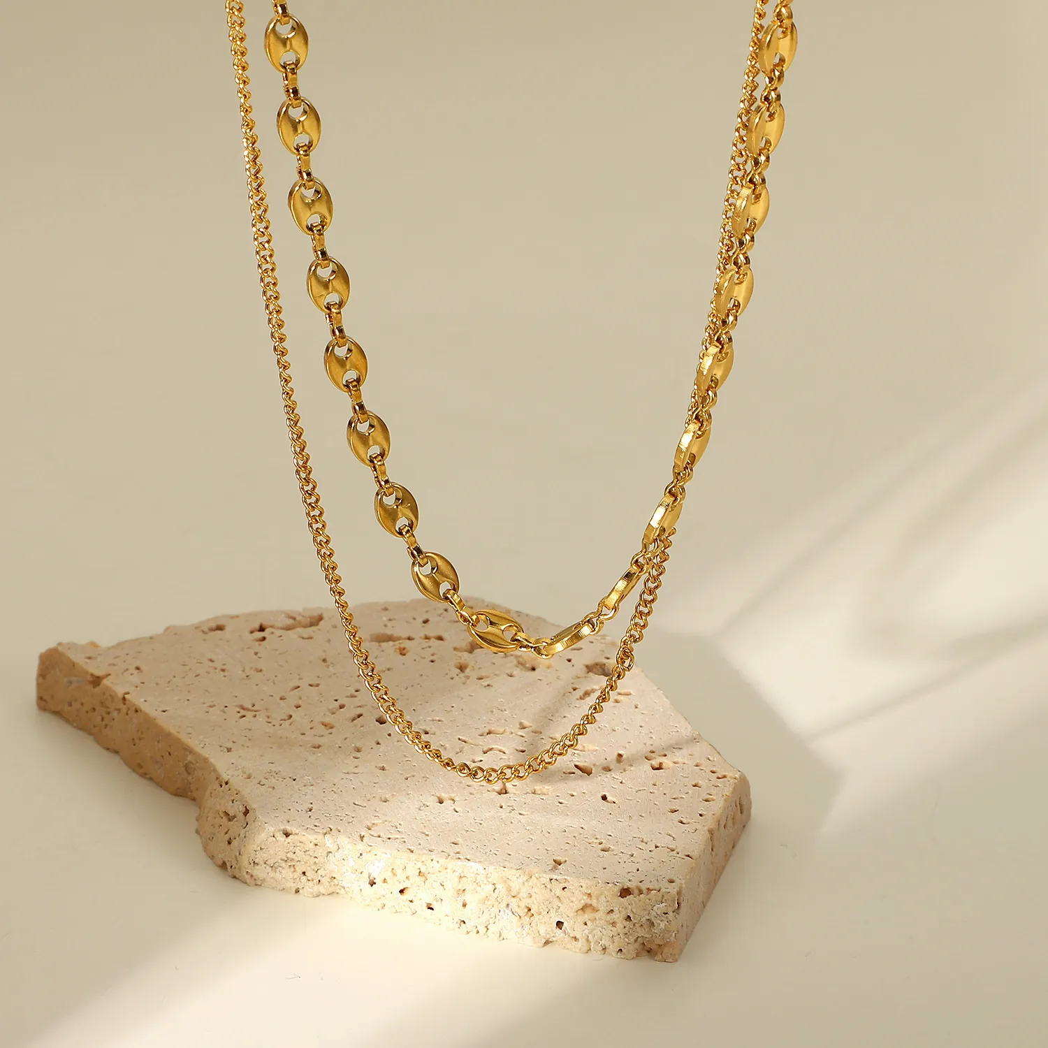 Double Layer Necklace Stainless Steel 18K Gold Plated Pig Nose Chain Coffee Bean Link Minimalist INS Style Women