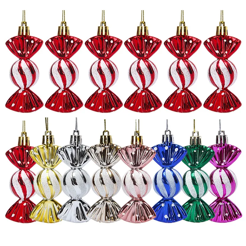 Christmas Tree Candy Hanging Ornaments Plastic Electroplated Glitter Striped Decorations Holiday Party Xmas Decor