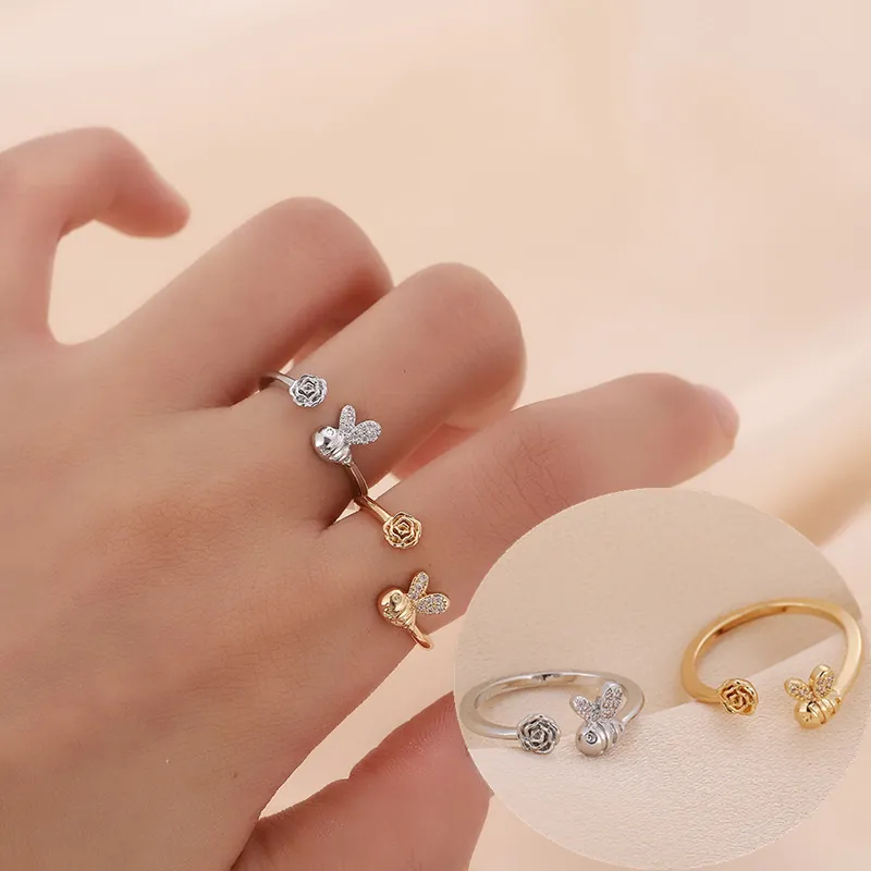Anello Aperto Regolabile Dolce Minimalista con Ape e Rosa in Rame Placcato Oro Argento Strass Anello Fiore per Donna Gioielli Regalo