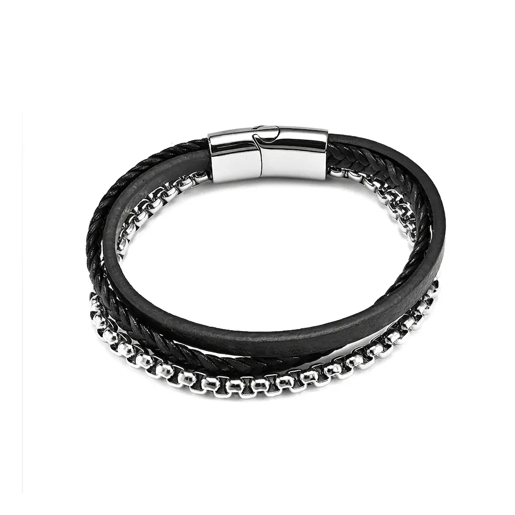 Men Multi-layer Braided Leather Bracelet With Stainless Steel Chain Hip Hop Punk Style Magnetic Clasp Jewelry