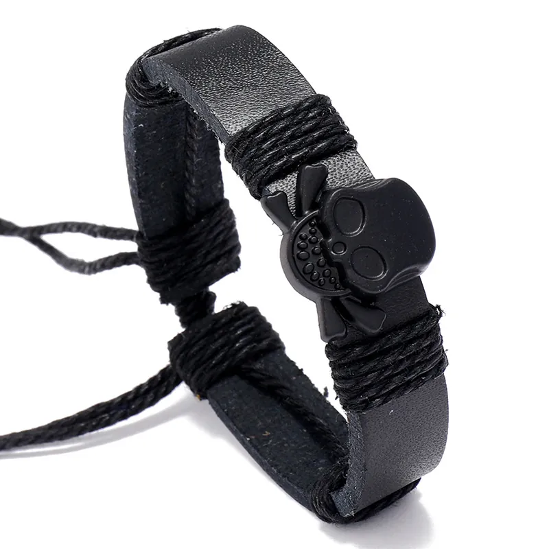 Skull Leather Bracelet Punk Adjustable Woven Rope Gothic Biker Jewelry For Men Black Strap