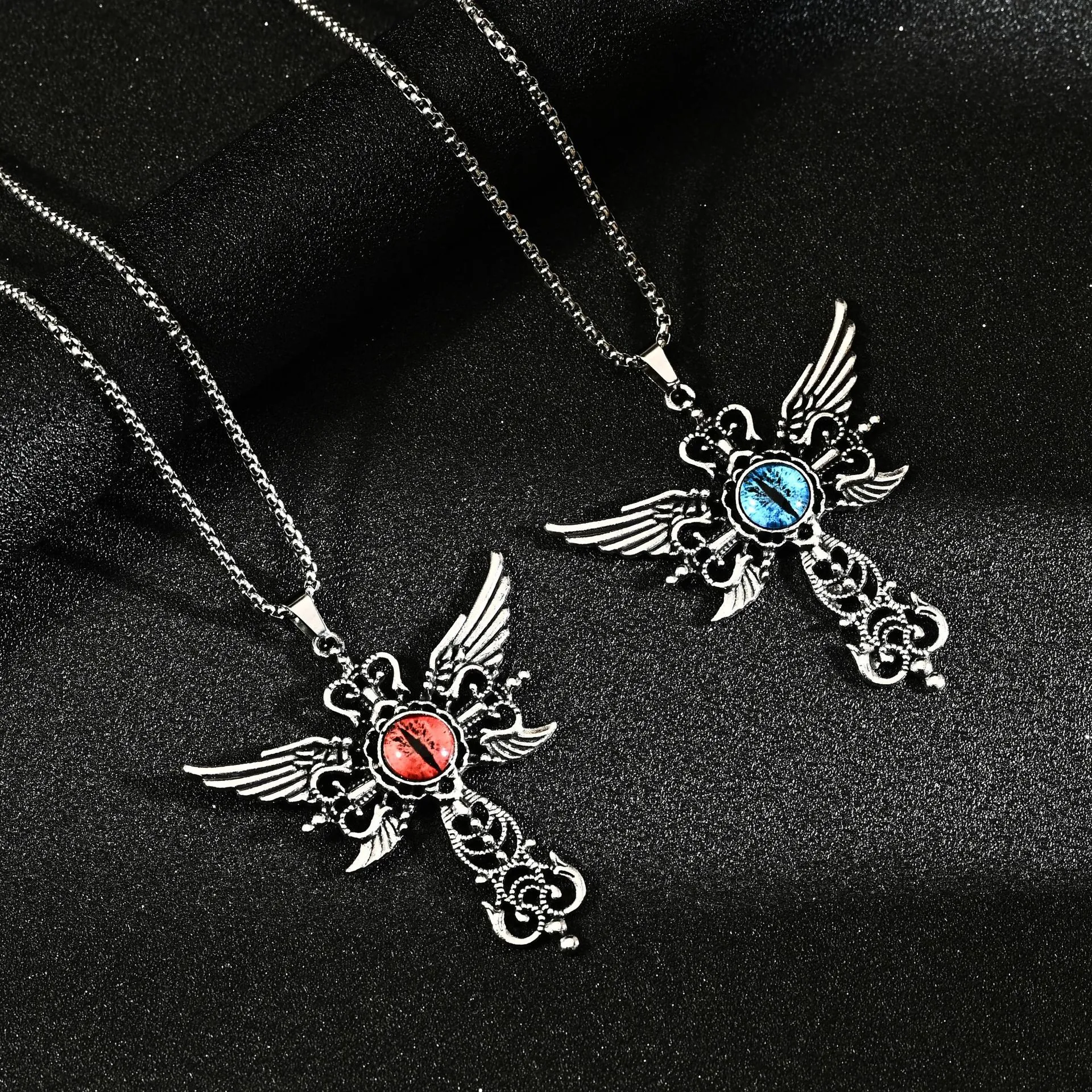 Gothic Cross Wings Necklace With Evil Eye Dragon Gemstone Zinc Alloy Punk Hip Hop Jewelry Pendant