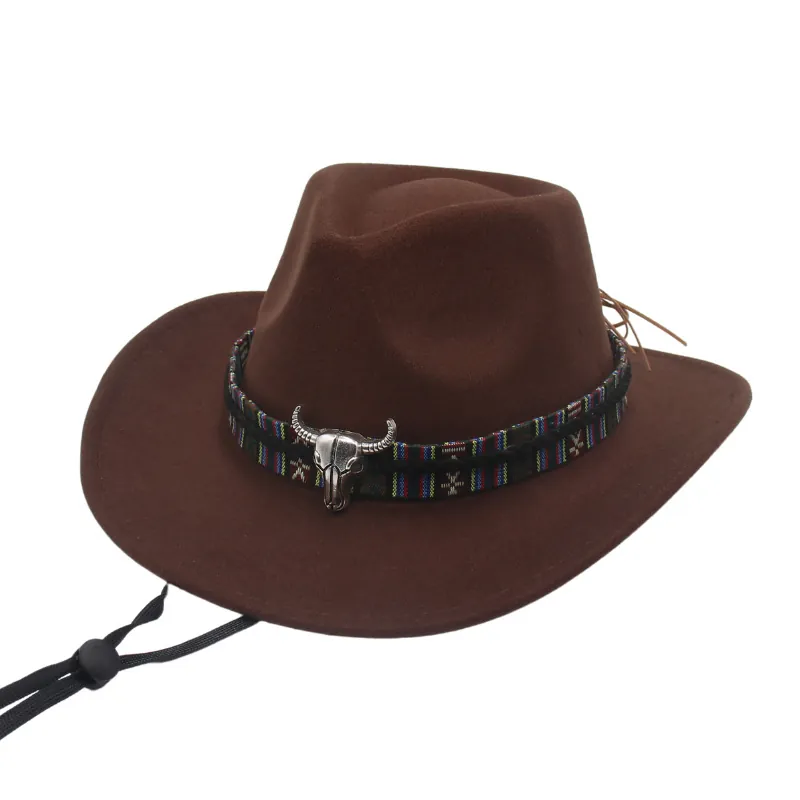 Cappello Cowboy Western Cotone Poliestere Feltro Fascia Tessuta Etnica Teschio Toro Metallo Corda Regolabile