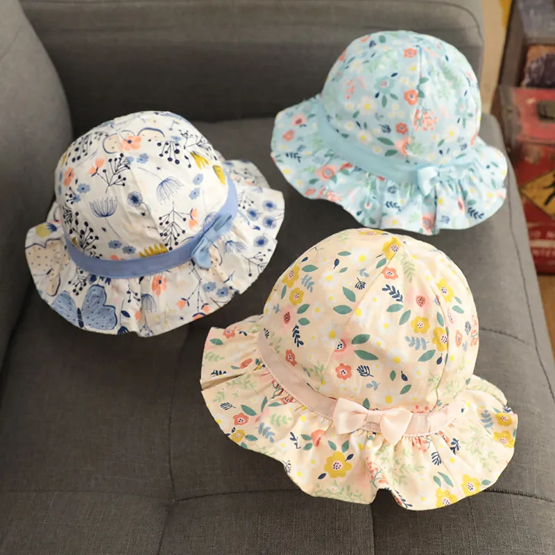 Baby Girls Floral Bucket Hat Cotton Blend Sunshade Fisherman Hat With Bowknot Ruffle Edge For Spring Autumn Summer