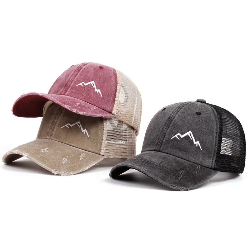 Mountain Embroidery Washed Cotton Trucker Hat Distressed Mesh Baseball Cap Adjustable Breathable Outdoor Sunshade