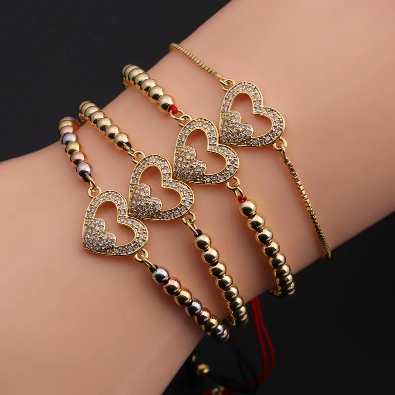 Bracelet Pendentif Coeur Mode Cuivre Zircon Chaîne Cordon Réglable Bijoux Pour Femmes Style Élégant Romantique