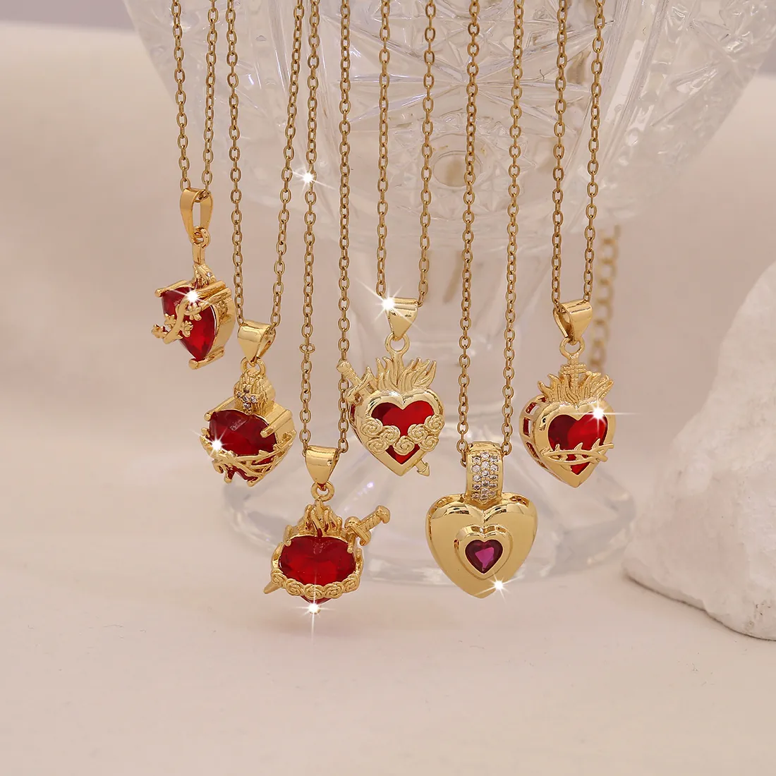 Collier Pendentif Sacré Cœur Acier Inoxydable Cuivre Cristal Rouge Gothique Vintage Bijoux Pour Femmes
