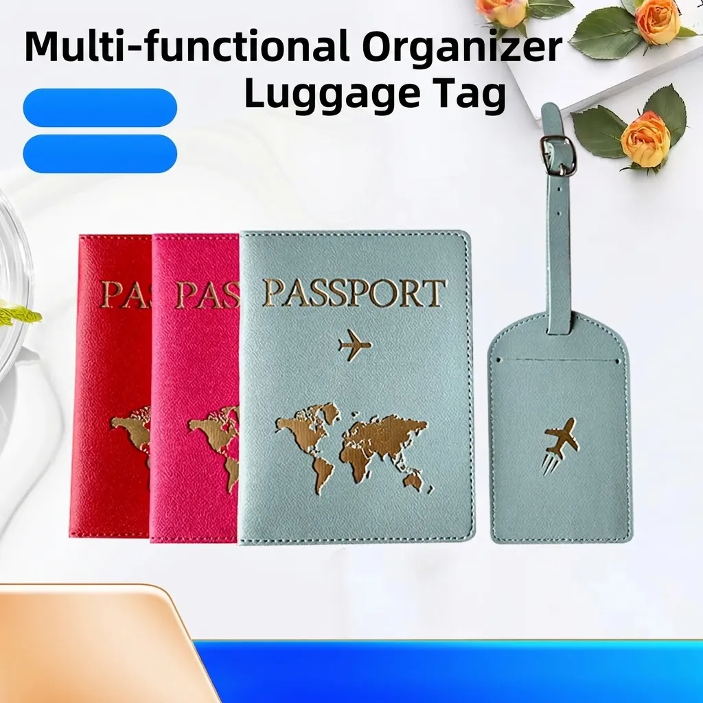 PU Leather Travel Passport Holder And Luggage Tag World Map Gold Stamping Waterproof Business Trip Accessories