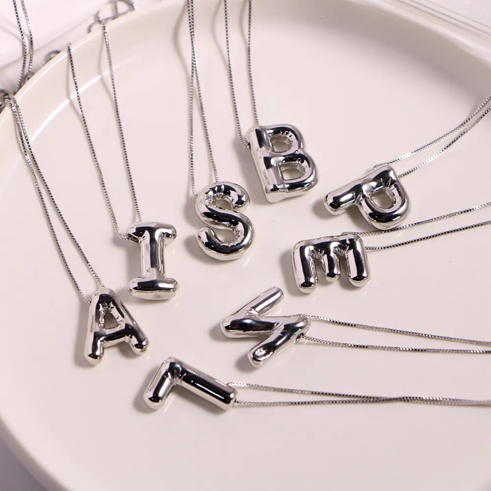 Balloon Alphabet Pendant Necklace Copper Puffy Initial Box Chain Jewelry Gift For Women Silver Tone