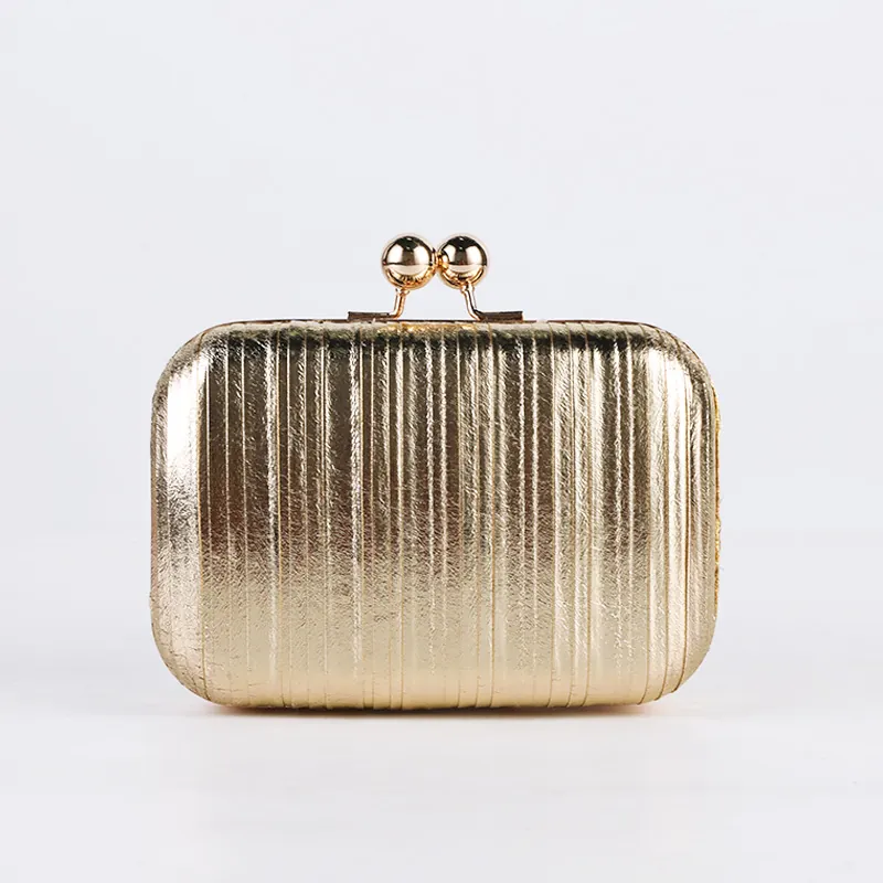 Metallic Pleated Evening Clutch Bag With Chain Strap Kiss Lock Formal Wedding Party Handbag For Women