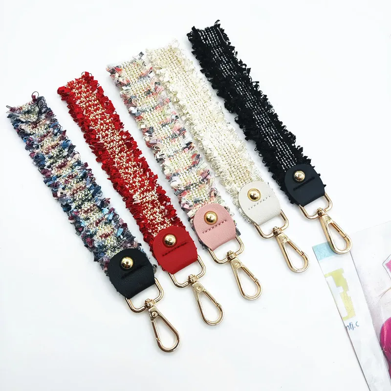 Tweed Woven Bag Strap Short Handle Lanyard With Leather Connector And Gold Lobster Clasp For Handbags Keys Purses Elegant