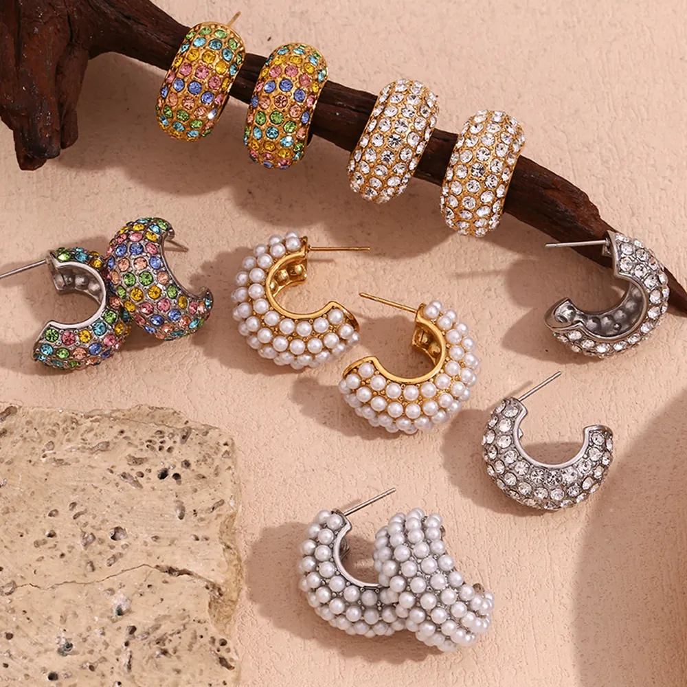Chunky C Shape Hoop Earrings Stainless Steel With 18K Gold Plated Rhinestone And Faux Artificial Pearl Fashion Jewelry For Women