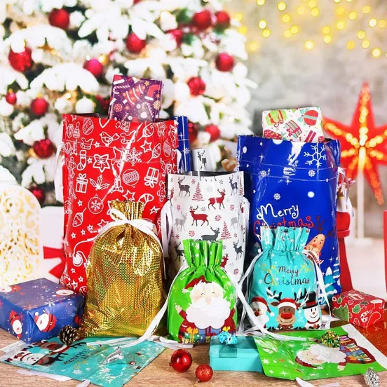 Christmas Gift Bags Drawstring Packaging Pouches Plastic Laser Festive Pattern With Cards Ties For Holiday Treats