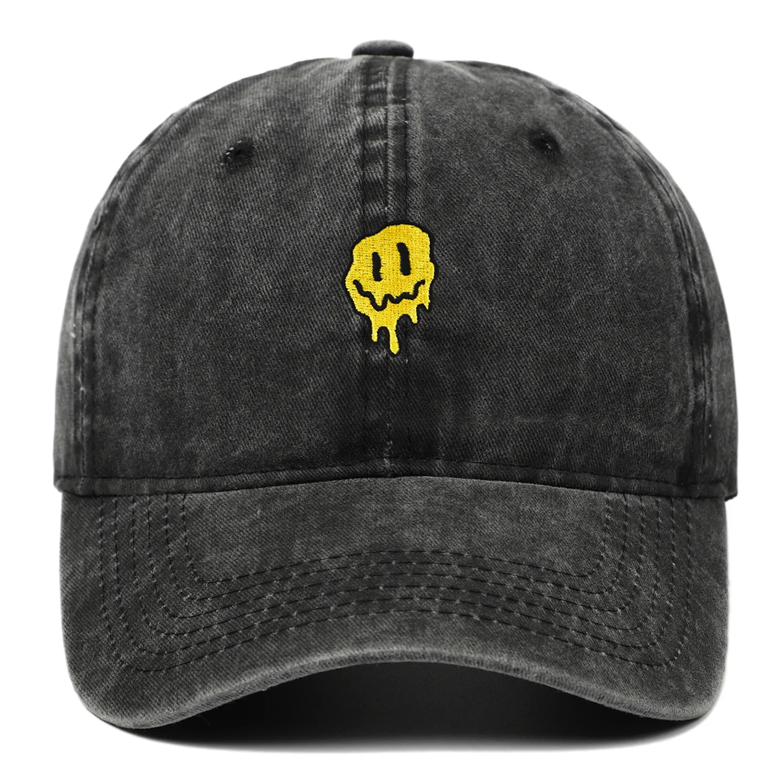 Casquette De Baseball En Coton Lavé Avec Broderie Visage Souriant Fondant Style Vintage Délavé Chapeau Soleil Réglable