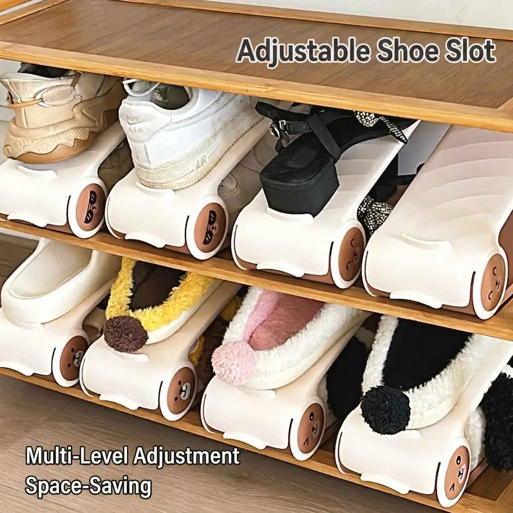 Adjustable Layered Shoe Organizer Plastic Space Saving Multi Height Closet Storage Rack Cartoon Bear Design