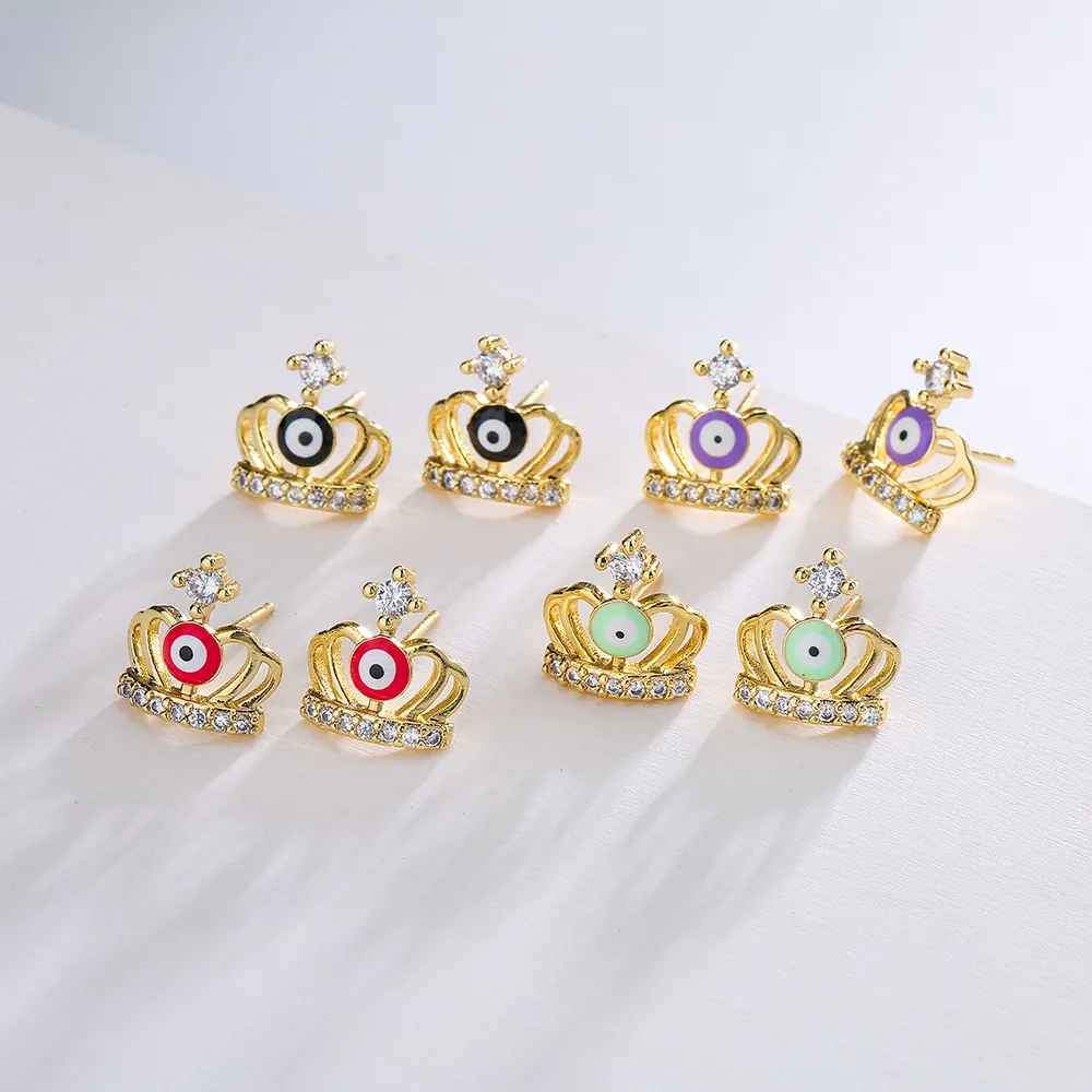 Evil Eye Crown Stud Earrings Copper 18K Gold Plated Cubic Zirconia Personalized INS Style Fashion Accessory For Women