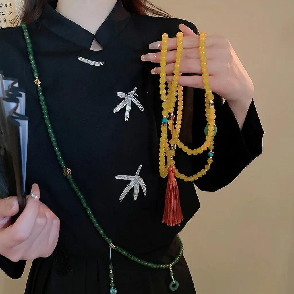 Collier Long Perles Style Nouveau Chinois Vintage Chaîne Verre Avec Gland Satin Bijoux Ethniques Zen Pour Femmes