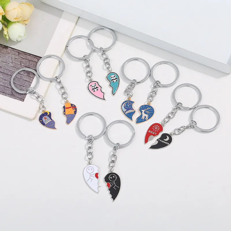 Couple Matching Keychains Alloy Enamel Heart Shaped Puzzle Pendant For Bag Backpack Cartoon Panda Whale Deer Gifts