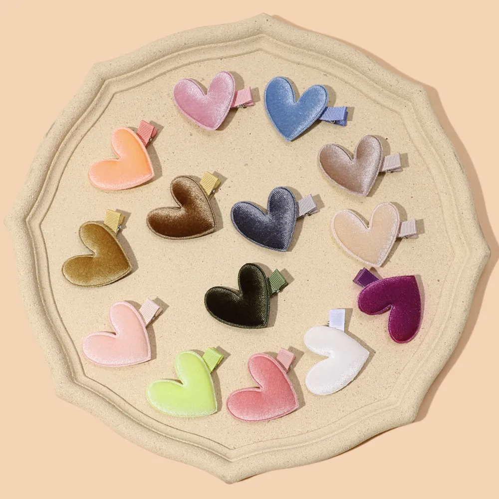 Cute Heart Shaped Velvet Hair Clips For Girls Sweet Soft Hairpins Metal Side Clips Grosgrain Ribbon Wrapped