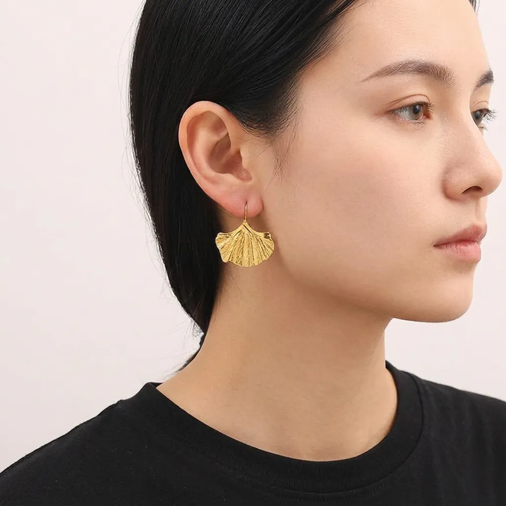 Boucles D'oreilles Crochet Feuille De Ginkgo Acier Inoxydable Plaqué Or 18K Style Rétro Français