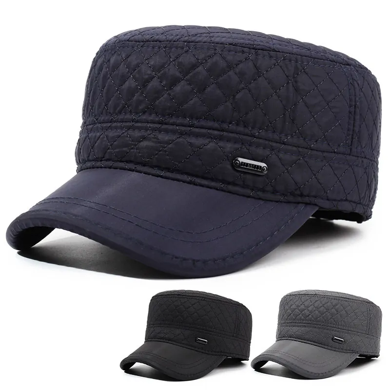 Men Quilted Cadet Hat Winter Warm Fleece Lined Ear Flaps Windproof Military Flat Top Cap Outdoor Adjustable Polyester