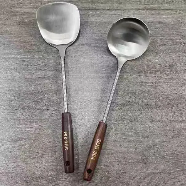 SUS 304 Stainless Steel Spatula And Soup Ladle With Wood Handle Heat Resistant Cooking Turner Spoon Kitchen Utensils