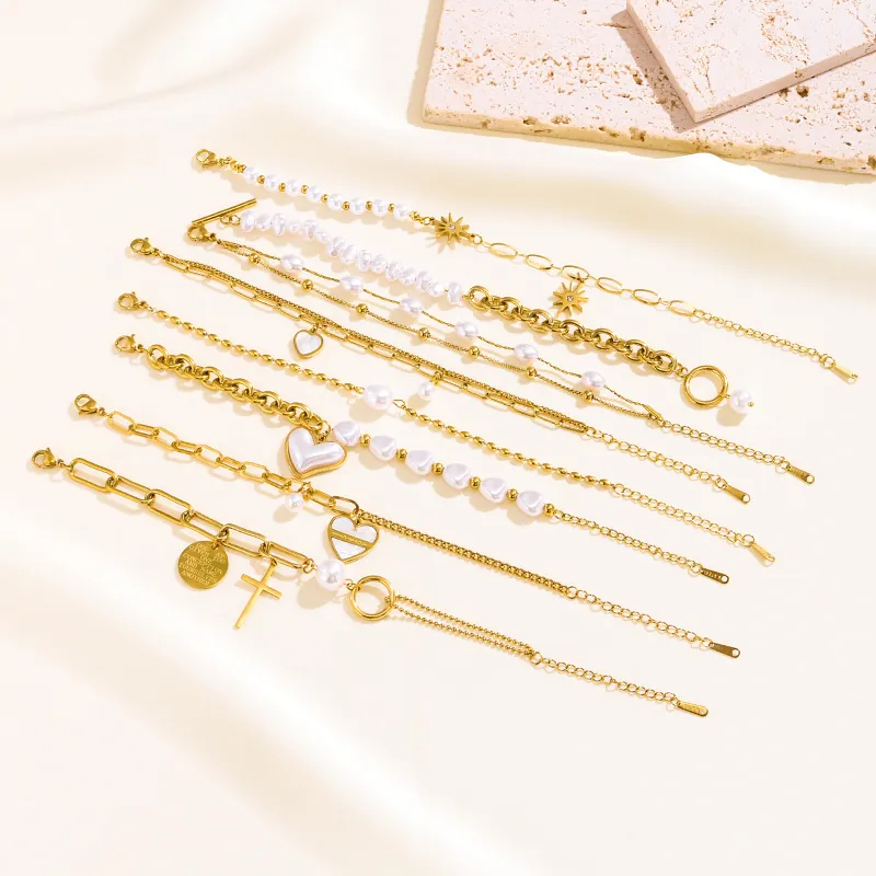 Artificial Baroque Pearl Bracelet For Women Gold Plated Stainless Steel Vintage French Romantic Style Heart Cross Star Charm