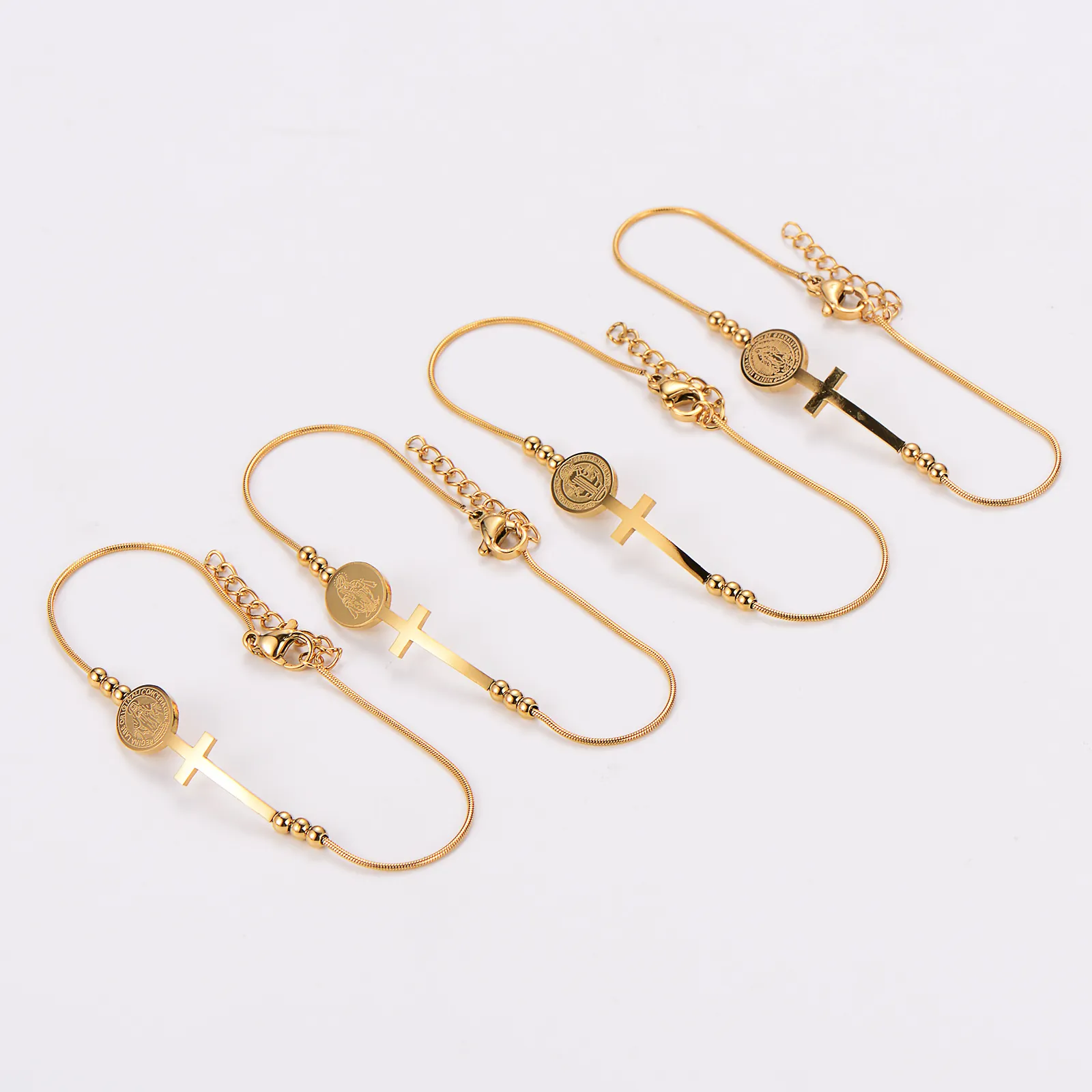 Gold Plated 304 Stainless Steel Snake Chain Bracelet With Cross And Virgin Mary Medal Pendants Religious Jewelry