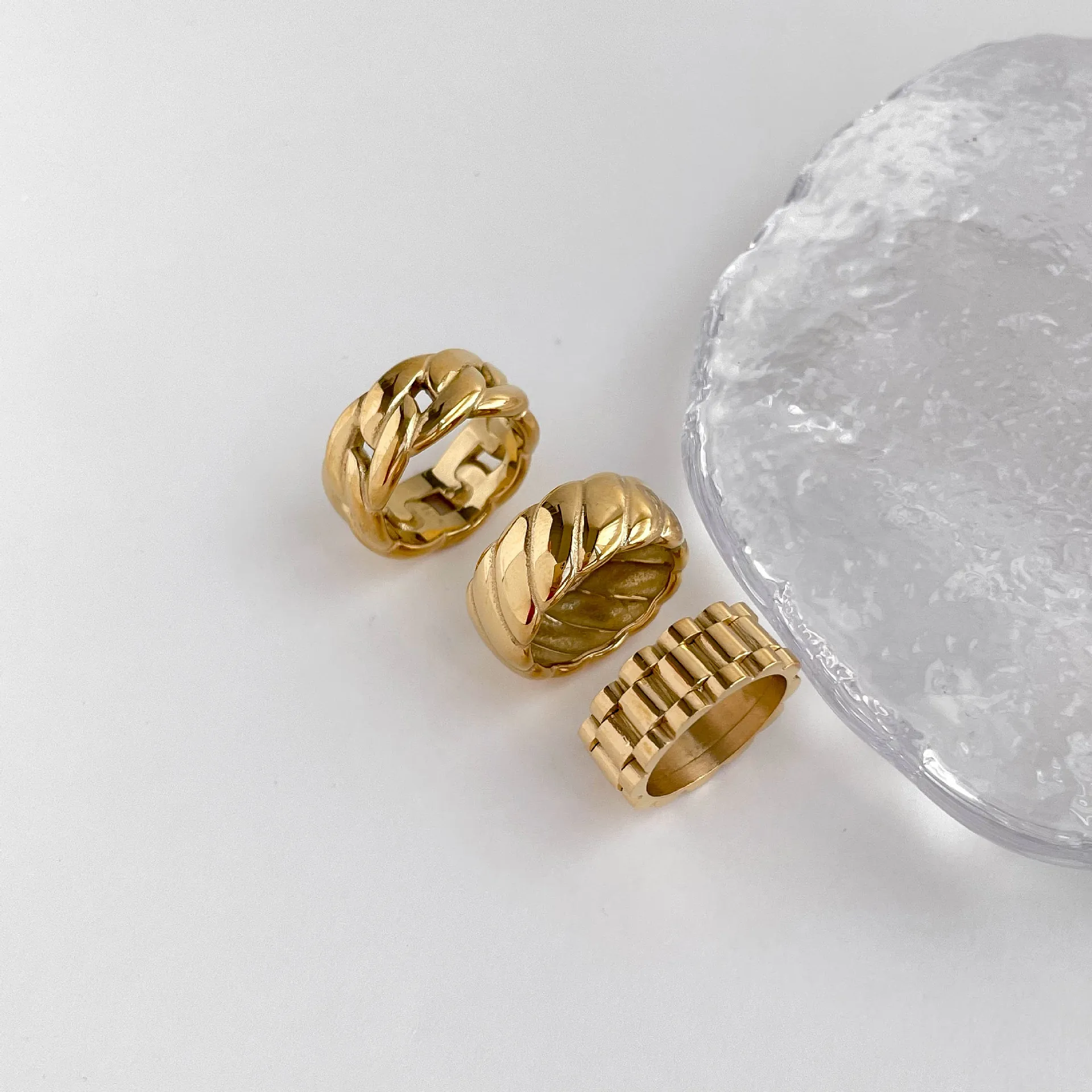 Vintage Vergoldeter Titanstahl Ring Klobige Kette Twist Croissant Geometrischer Minimalistischer Schmuck Für Damen