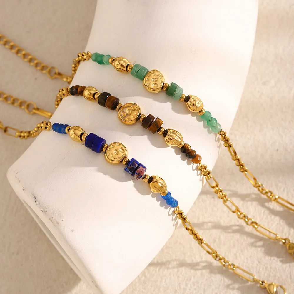 Bracelet En Acier Inoxydable Plaqué Or 18K Vintage Avec Perles En Pierre Naturelle Chaîne Artisanale Pour Femme