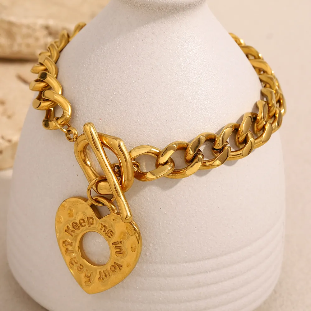 Bracelet Pendentif Coeur Or Plaqué Or 18K Acier Inoxydable Maille Gourmette Message Amour Gravé Fermoir Cabestan Femmes