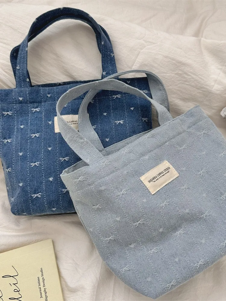 Sac À Main Cabas En Jean Vintage Avec Broderie Nœud Sac À Provisions Portable Décontracté Pour Femmes