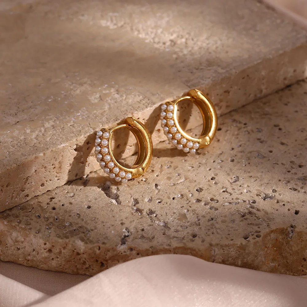 Stainless Steel Hoop Earrings 18K Gold Plated Triple Row Artificial Pearl C-Shaped Huggie Elegant Fashion For Women