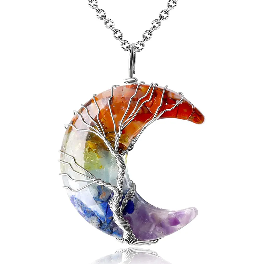 Tree Of Life Crescent Moon Pendant Necklace Natural Crystal Stone Handmade Wire Wrapped Stainless Steel Chain Bohemian Jewelry