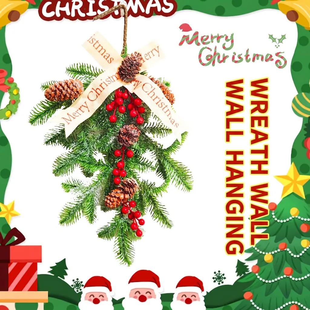 Christmas Swag Wall Hanging Decoration LED Lights Red Berries Pine Cones Frosted Pine Needles Merry Christmas Ribbon