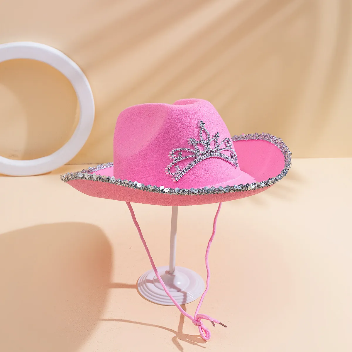 Pink Western Cowboy Hat With Rhinestone Crown Sequin Brim Cowgirl Costume Hat For Women Festive Party Accessory