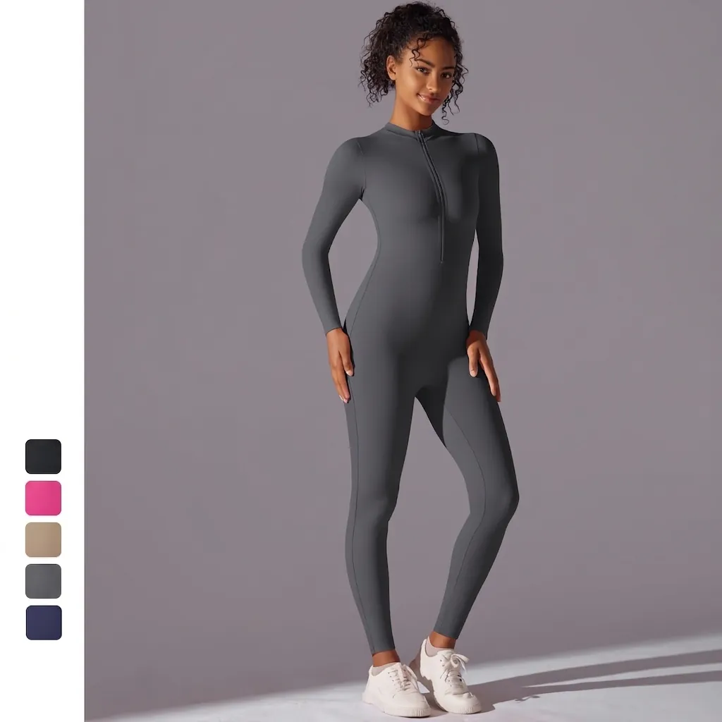 Women Sexy Zip Up Long Sleeve Yoga Jumpsuit Slim Fit Athletic Bodysuit For Fitness Dance Sports One Piece Unitard