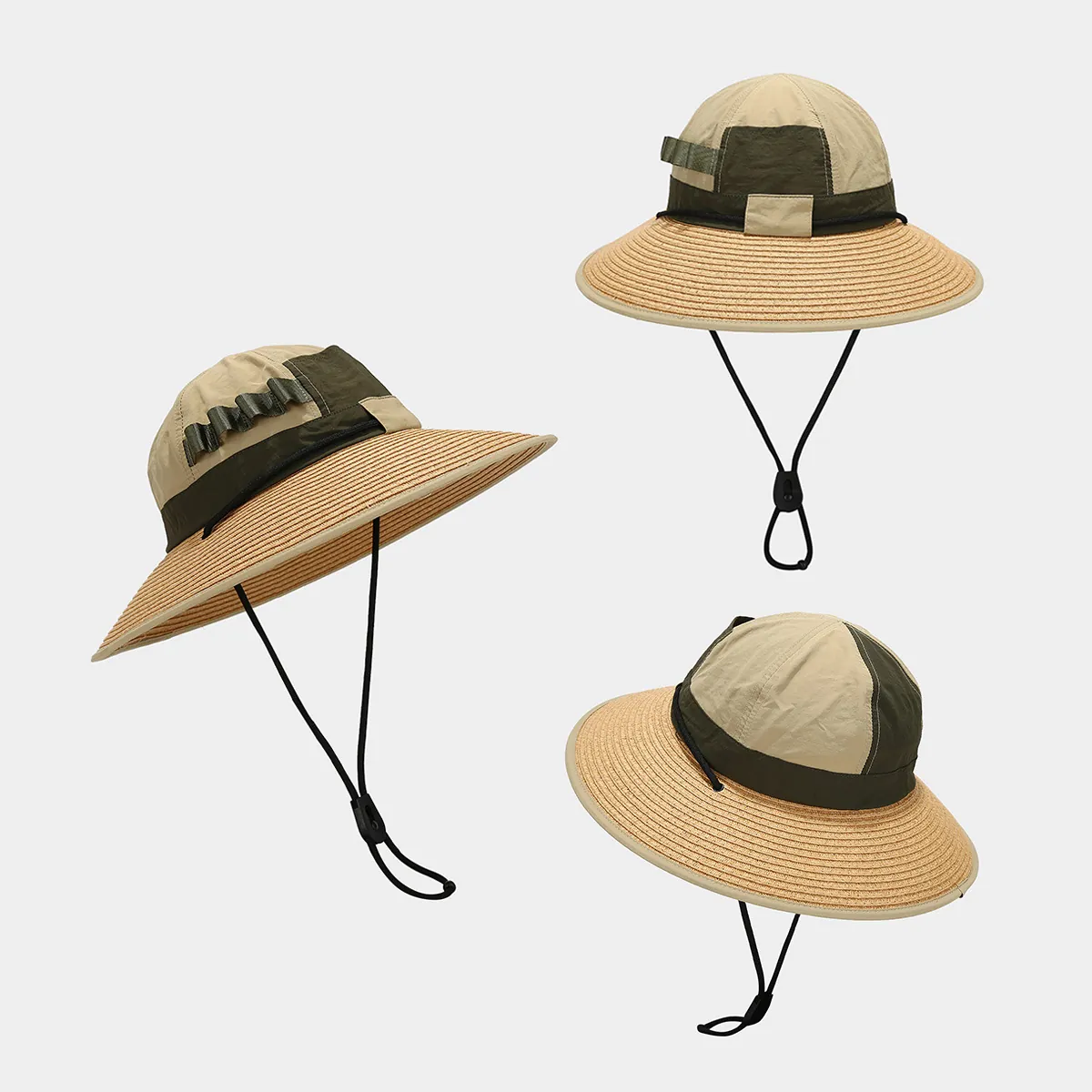Wide Brim Sun Hat Straw Woven Patchwork Polyester Quick Dry Outdoor Hiking Fishing With Adjustable Wind Rope