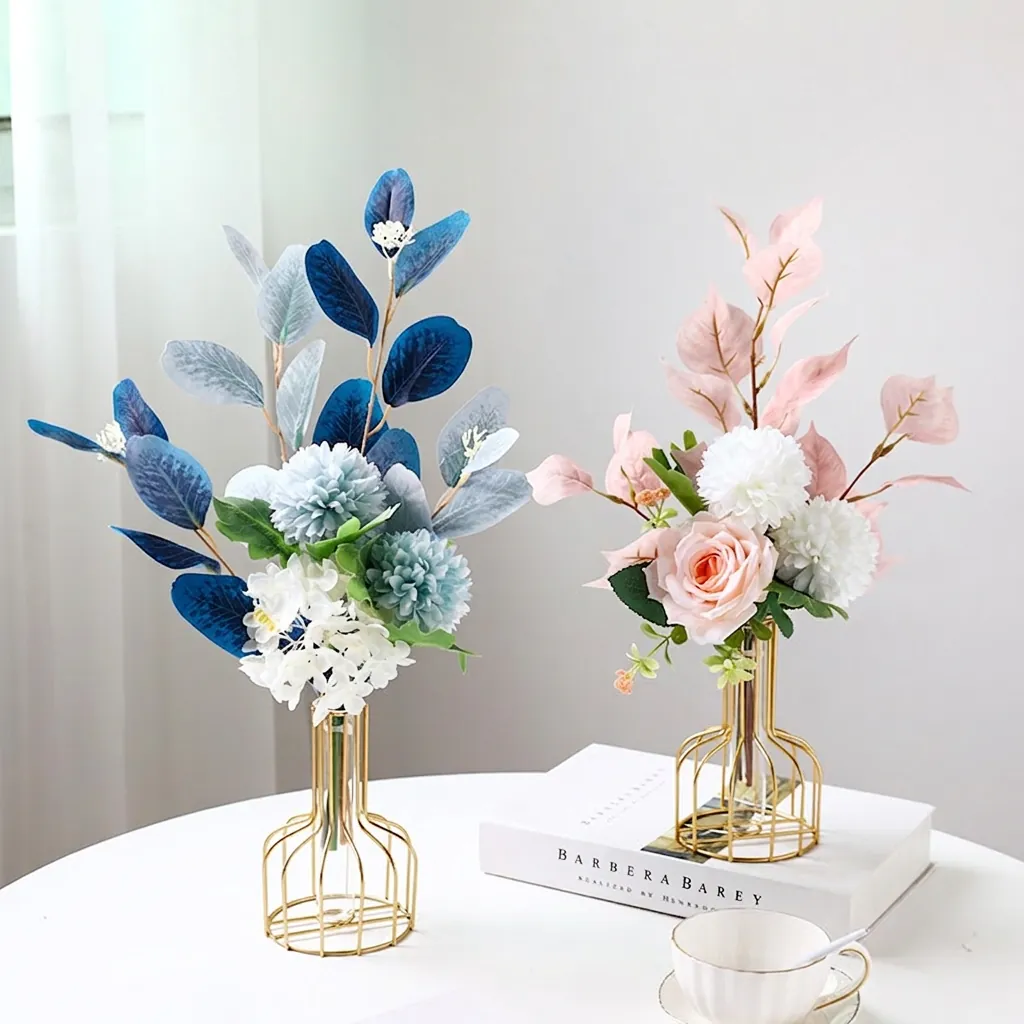 Artificial Satin Flowers And Gold Metal Iron Frame Glass Vase Combination Nordic Style Home Living Room Desktop Decor