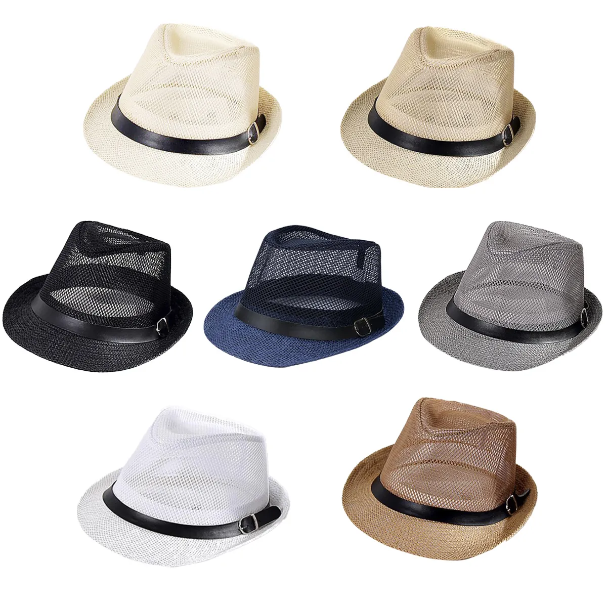 Men Mesh Fedora Hat Breathable Summer Sun Straw Panama Style With Decorative Belt Buckle Lightweight Outdoor Beach