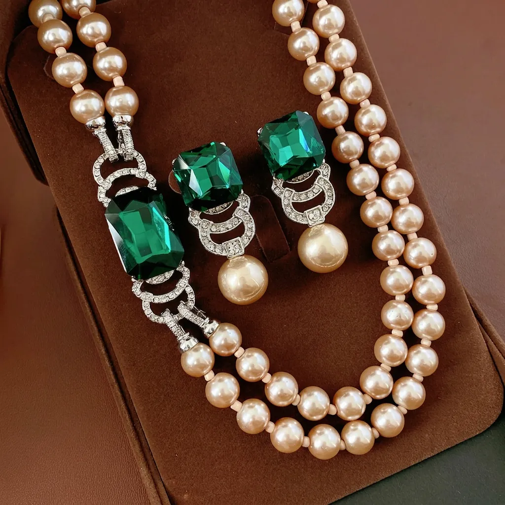 Collana E Orecchini Künstliche Perle Doppio Strato Vintage Pietra Verde Smeraldo Strass Perno Argento Per Donna Lusso