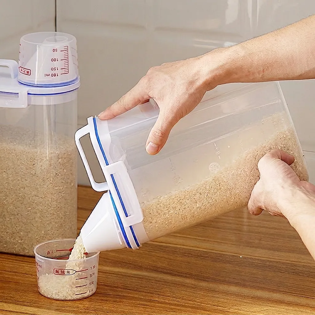 Rice Storage Container Airtight Plastic Grain Cereal Dispenser With Measuring Cup Lid Transparent Kitchen Food Organizer Box