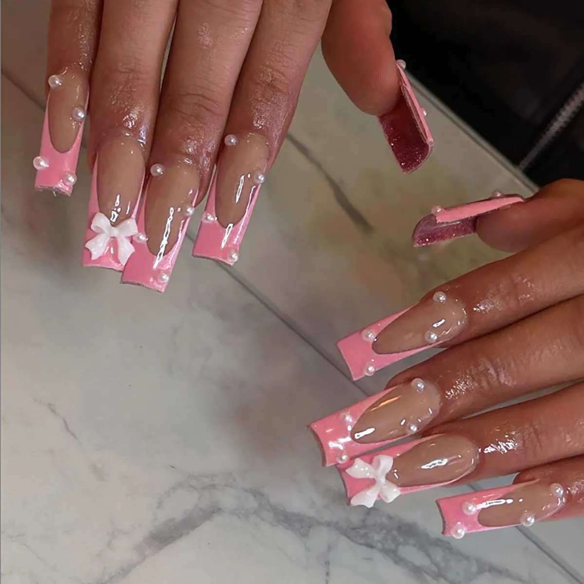 Press On Nails Long Coffin French Pink Gradient White Bow Artificial Pearl Sweet Y2K Style Artificial Manicure