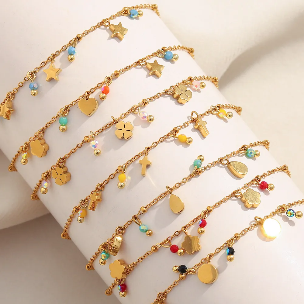 INS Style Stainless Steel Bracelet 18K Gold Plated Tassel Chain With Heart Clover Star Butterfly Charms And Colorful Beads