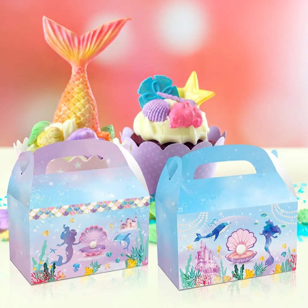 Mermaid Theme Party Favor Boxes Ocean Shell Artificial Pearl Paper Gift Treat Boxes With Handle Dreamy Gradient Birthday Supplies