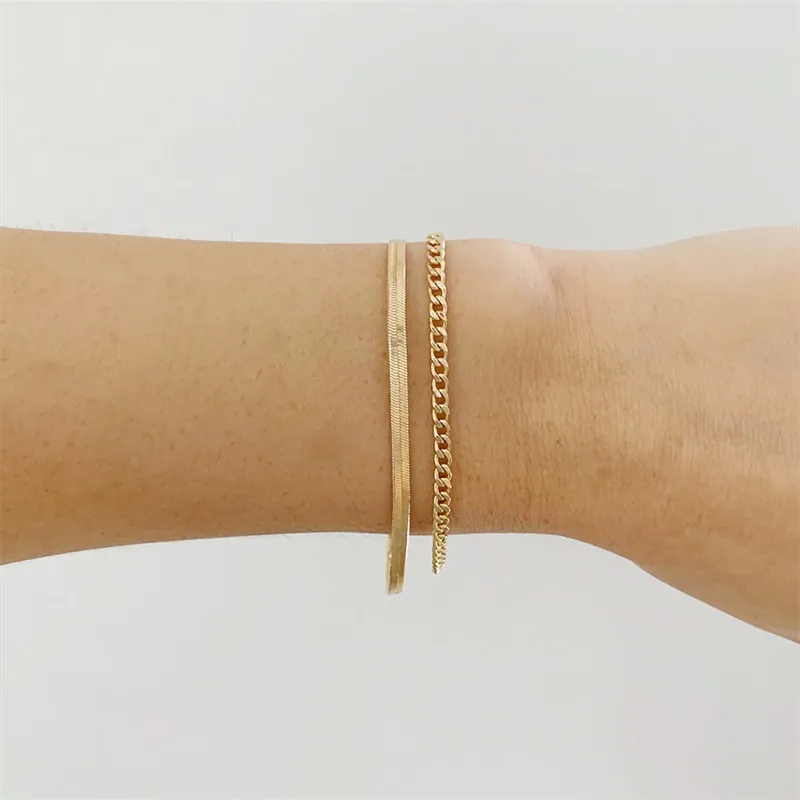 Minimalist Stainless Steel Double Layer Snake Curb Chain Bracelet For Women 14K Gold Plated Stackable Fashion Hand Jewelry Gift