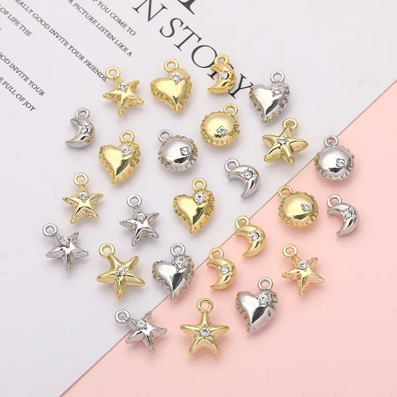 Alloy Rhinestone Charms Mini Heart Star Moon Pendants For DIY Jewelry Making Accessories Gold Silver Plated Dainty Findings